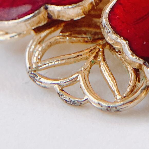 Vintage Mid Century Red Enamel Flower Brooch Aurora Borealis Gold Tone Pin 1960s - Picture 7 of 9